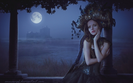 :) - moon, annewipf, fantasy, girl, night, luna