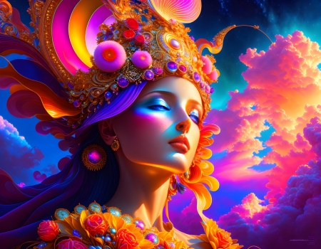 Woman in the clouds - blue, colorful, pink, art, yellow, face, suaad graphics, girl, fantasy