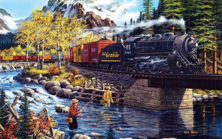 Cascade Run - artwork, bridge, locomotice, mountain, painting, river, steam, train
