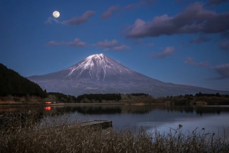 Full Moon over Mt. Fuji, Japan - japan, nature, lake, full moon, mountain