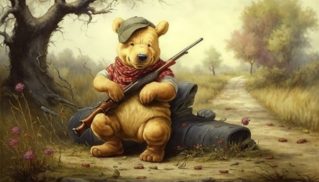 pooh bear - trees, road, gun, log, hat