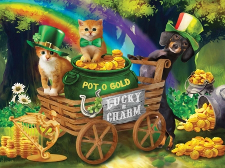Lucky Charms - St. Patrick's Day17-03 - dog, irish, painting, green, cat, cart, hats