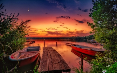 Boats at sunset - boat, river, reflection, pier, sky, beautiful, sunset, lake