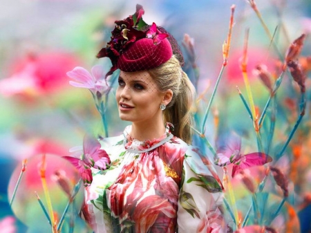 Ladies Millinery In Pink - vibrant, vivid, blue, butterflies, girl, dress, pink, flowers, black, colorful, bright, green, bold