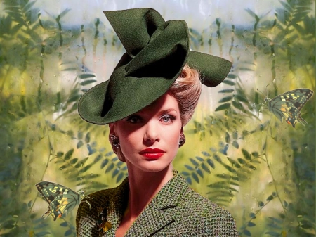 Ladies Millinery In Olive - vibrant, hat, vivid, butterflies, girl, suit, colorful, white, tropical, green, bright, bold