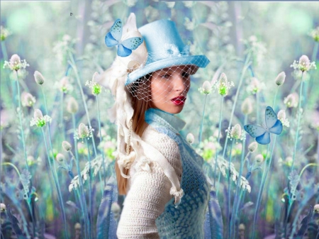 Ladies Millinery In Blue - hat, colorful, blue, white, vibrant, girl, butterflies, vivid, bright, bold, vest, flowers, sweater
