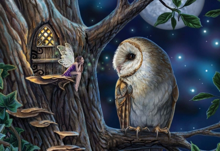 Fairy Tales - stars, owl, tree, night, digital, art