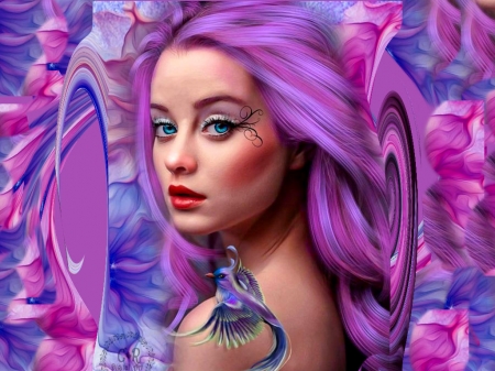 Angelicly Radiant In Purple - fantasy, bright, bold, girl, baby dragon, colorful, blue, vibrant, purple, pink, vivid