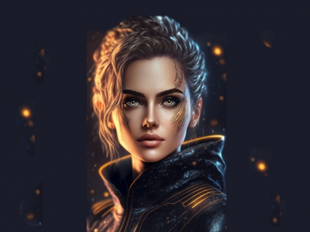 Angelicly Radiant In Black - black, vivid, bright, bold, stars, girl, leather, gold, vibrant