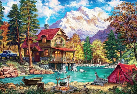 House in Forest - clouds, trees, pond, artwork, boat, dog, raccoon, tent, car, painting, mountains, cottage, sky