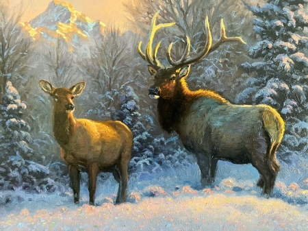 San Juan Song - trees, winter, painting, artwork, deer, snow, forest