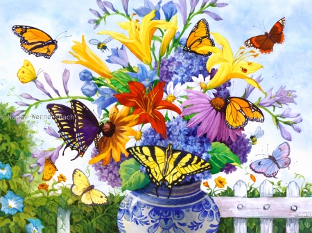 Spring Bouqet - flowers, vase, spring, butterflies