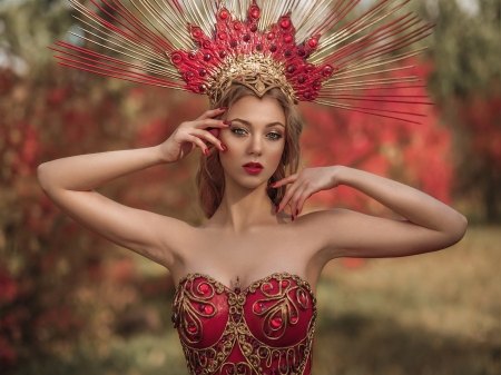 :) - model, blonde, red, sofia oznobikhina, girl, dress, queen, woman