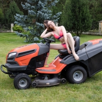 Even Bikini Models have to cut their lawn