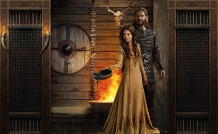 Vikings 2013 - 2020 - actor, poster, rollo, tv series, clive standen, jessalyn gilsig, siggy, couple, vikings