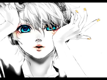 Kagamine Len - anime, vocaloid, short hair, boy, gray hair, cute, kagmine len, monochrome, sexy, blue eyes