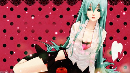 Hatsune Miku - hatsune miku, sexy, girl, blue eyes, long hair, blue hair, vocaloid, anime, apple, cute