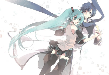 Miku & Kaito - anime, vocaloid, twintails, girl, hatsune miku, long hair, short hair, boy, kaito, blue hair, cute, sexy, blue eyes