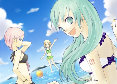 Vocaloid girls - hatsune miku, girls, sexy, kagamine rin, swimsuit, bikini, vocaloid, megurine luka, anime, sea, cute