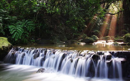 BEAUTIFUL WATERFALLS - rays, falls, forest, wide, sun