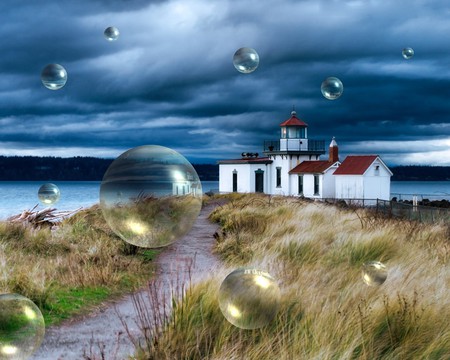 BUBBLE HOME - bubbles, field, blue sky, house, ocean, grass