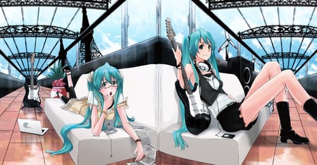 Hatsune Miku - hatsune miku, sexy, glasses, girl, guitar, twintails, blue eyes, long hair, ipod, blue hair, headphones, vocaloid, anime, cute