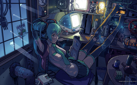 Hatsune Miku - anime, vocaloid, twintails, girl, hatsune miku, long hair, ice cream, blue hair, computer, cute, sexy, blue eyes