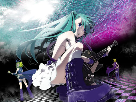 Vocaloid - hatsune miku, sexy, guitar, kagamine rin, twintails, blue eyes, long hair, blue hair, blonde hair, vocaloid, anime, kagamine len, cute, short hair