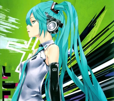 Hatsune Miku - hatsune miku, sexy, girl, twintails, blue eyes, long hair, blue hair, box, headphones, vocaloid, anime, blush, glove, cute