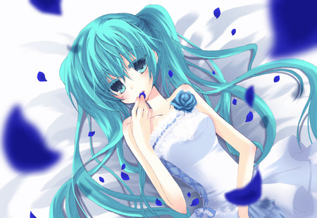 Hatsune Miku - hatsune miku, sexy, girl, twintails, blue eyes, long hair, blue hair, vocaloid, petals, anime, cute, flower