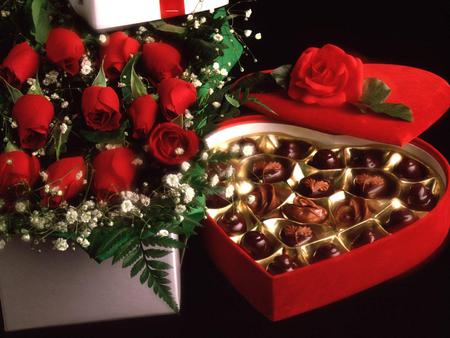 valentine  - love, roses, red, heart, flowers, chocolate, black