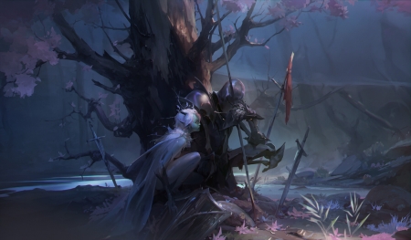 The fairy and the knight - man, couple, knight, girl, marina krivenko, tree, blue, art, dark, fairy, fantasy