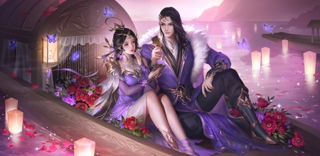 Fantasy couple - blue, boat, girl, man, pink, frumusete, fantasy, purple, arden, couple