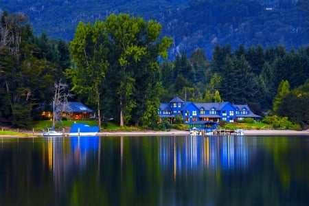 Light reflections - national park, trees, Patagonia, vacation, beautiful, reflection, forest, mountain, guests, serenity, hotel, lake