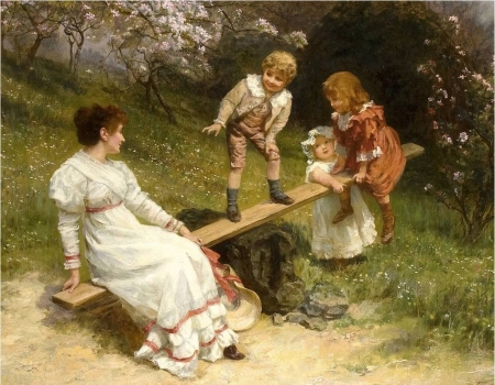 :) - people, children, spring, rural life, swing, pictura, painting, woman, mother, art