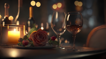 Romantic dinner - Roses, Dinner, Glasses, Wine