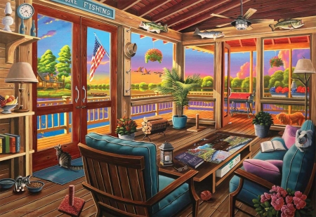 Lakeside View - veranda, room, table, artwork, painting, armchairs