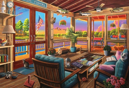 Lakeside View - veranda, painting, artwork, table, room, armchairs