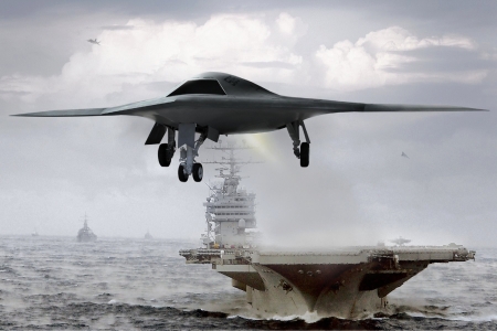 Stealth Bomber Taking Off from a Aircraft Carrier