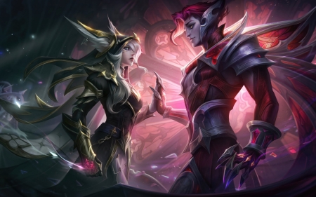 Xayah and Rakan - fantasy, league of legends, rakan, lol, couple, art, pink, xayah