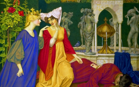 Changing the letter by Joseph Edward Southall - joseph edward southall, yellow, blue, girl, man, pictura, red, painting, woman, sleeping, art