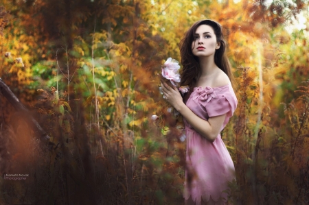 :) - flower, leaf, girl, toamna, dress, orange, woman, pink, marketa novak, autumn