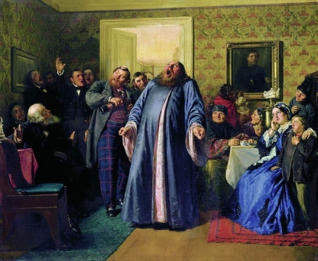 Protodeacon proclaiming longevity at the merchant birthday party by Nikolai Nevrev - man, pictura, concert, singer, people, woman, blue, art, nikolai nevrev, painting