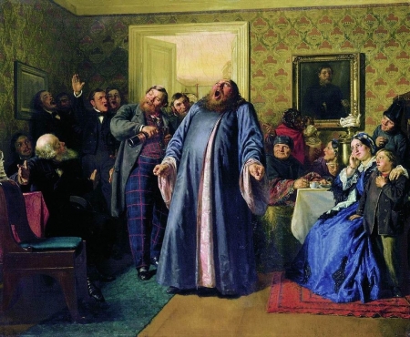 Protodeacon proclaiming longevity at the merchant birthday party by Nikolai Nevrev