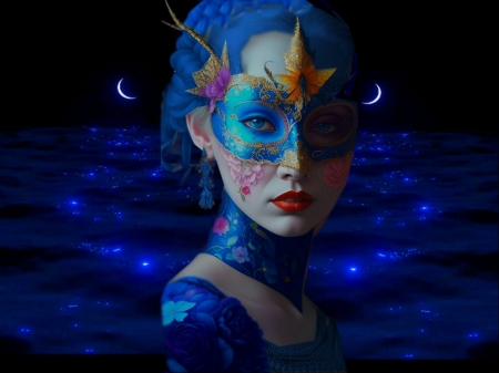 All Things Beautiful Blue1 - vibrant, vivid, blue, beautiful, girl, masks, black, colorful, fantasy, bright, bold