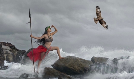 Woman Warrior - Woman, fantasy, water, hawk, Falcon, ocean, rocks