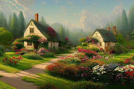 Spring landscape at the edge of the forest - tajkep, szines viragok, termeszet, kert, erdo, fak, utak, hazak