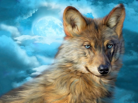 Wolf In Moonlight - moon, clouds, painting, predator, sky