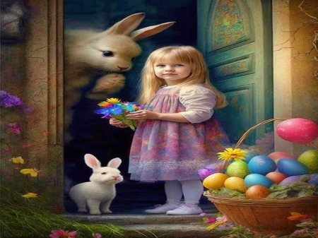 Easter - little girl, Easter, colored egs, rabbit