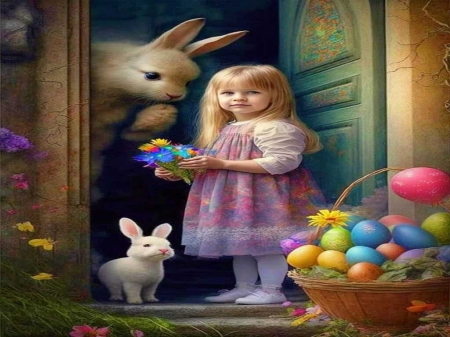 Easter - rabbit, colored egs, little girl, Easter